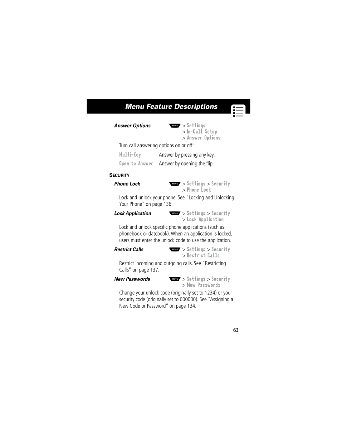 Motorola 60C In-Call Setup, Multi-Key, Settings Security, Phone Lock, Lock Application, Restrict Calls, New Passwords 