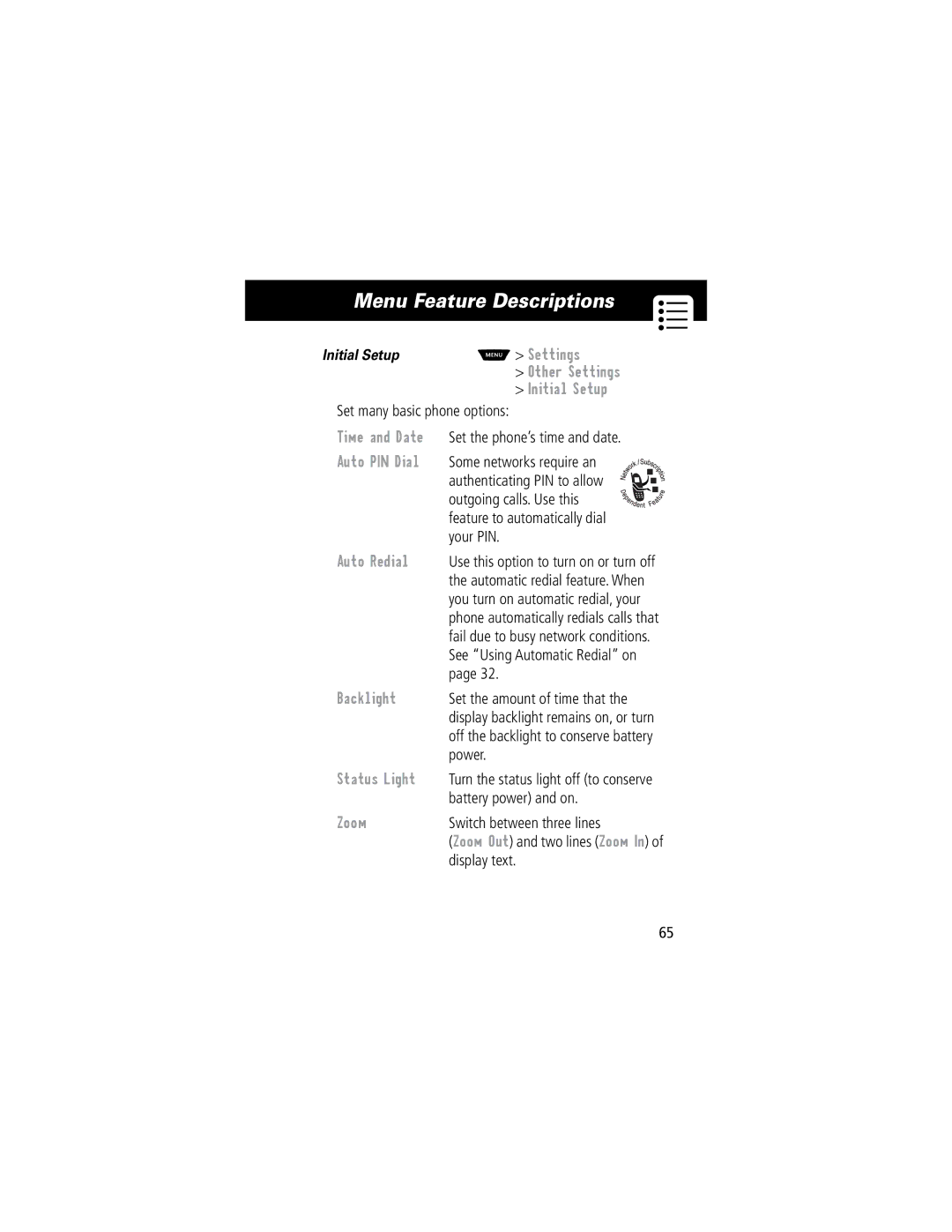 Motorola 60C manual Initial Setup, Time and Date, Auto PIN Dial, Auto Redial, Backlight, Status Light, Zoom 