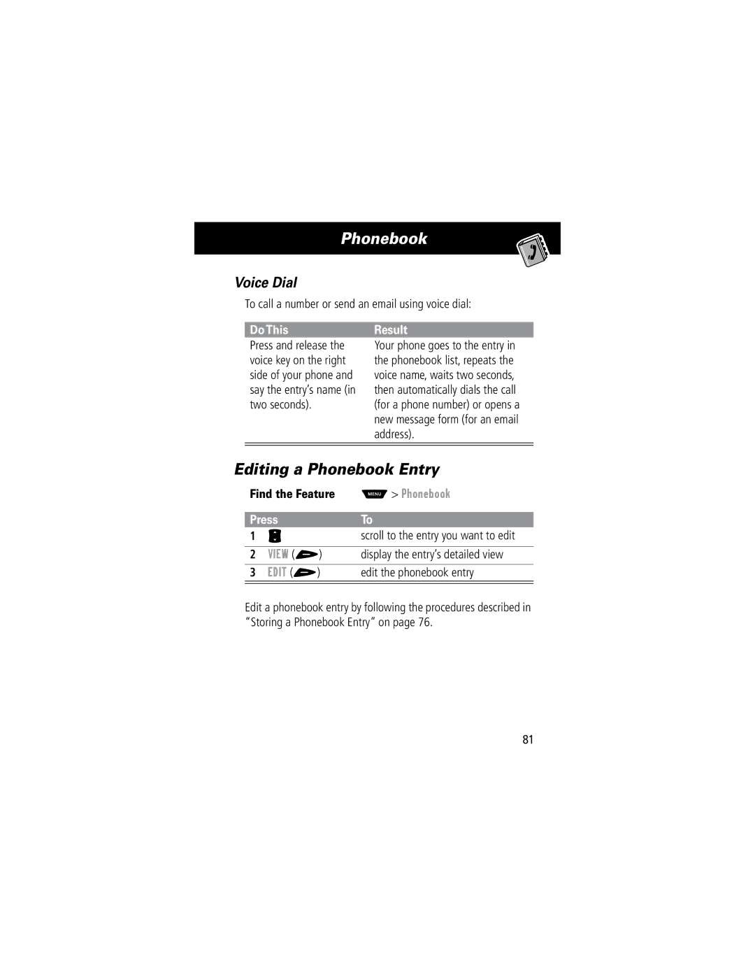 Motorola 60C manual Editing a Phonebook Entry, Voice Dial, Result, Edit + 