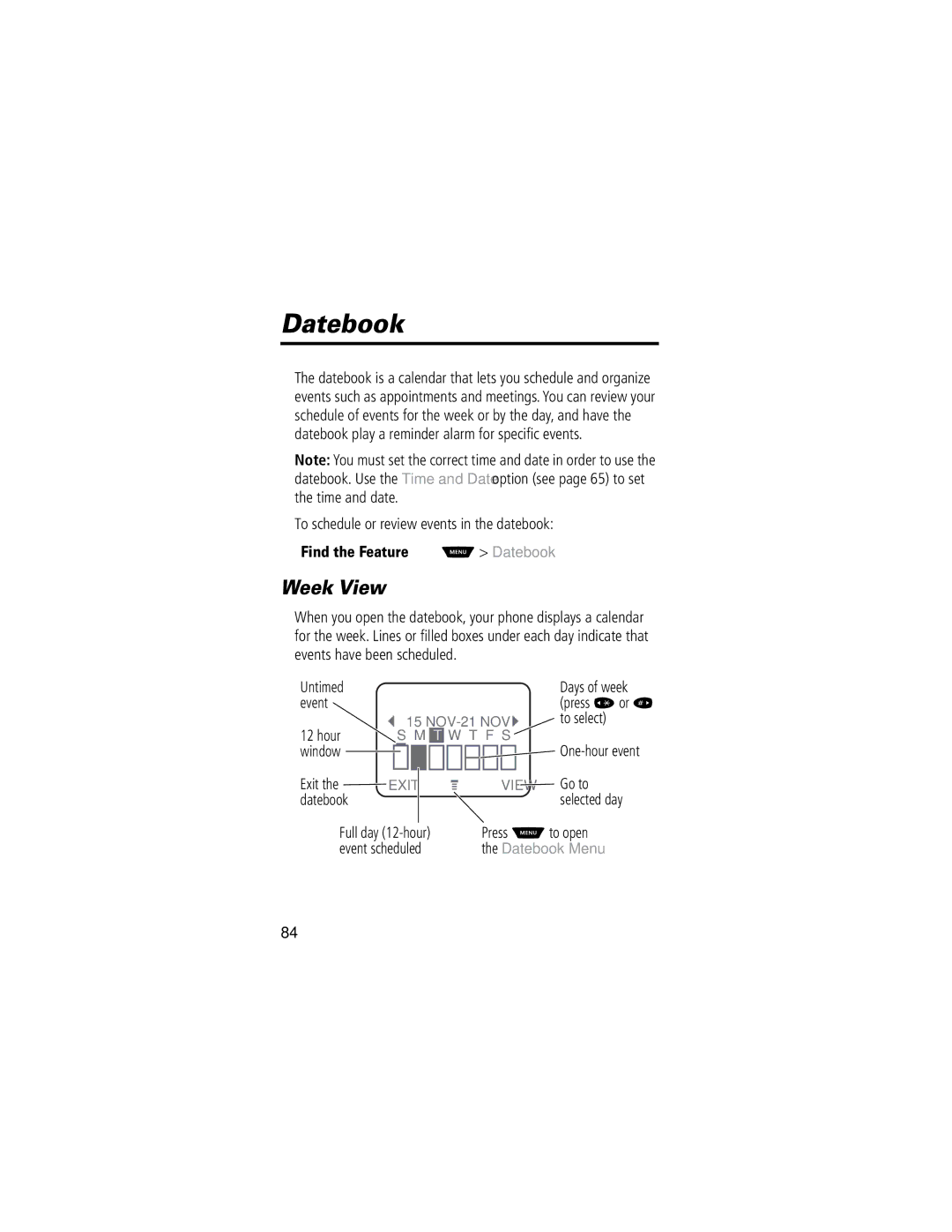 Motorola 60C manual Week View, Datebook Menu 