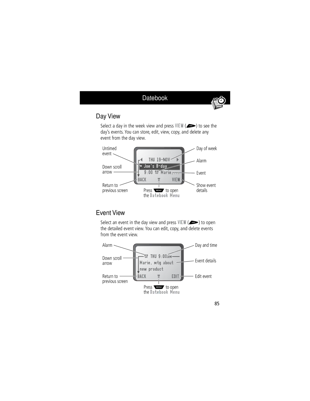 Motorola 60C manual Datebook, Day View, Event View 