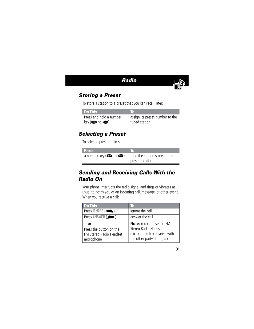 Motorola 60C manual Storing a Preset, Selecting a Preset, Sending and Receiving Calls With the Radio On 