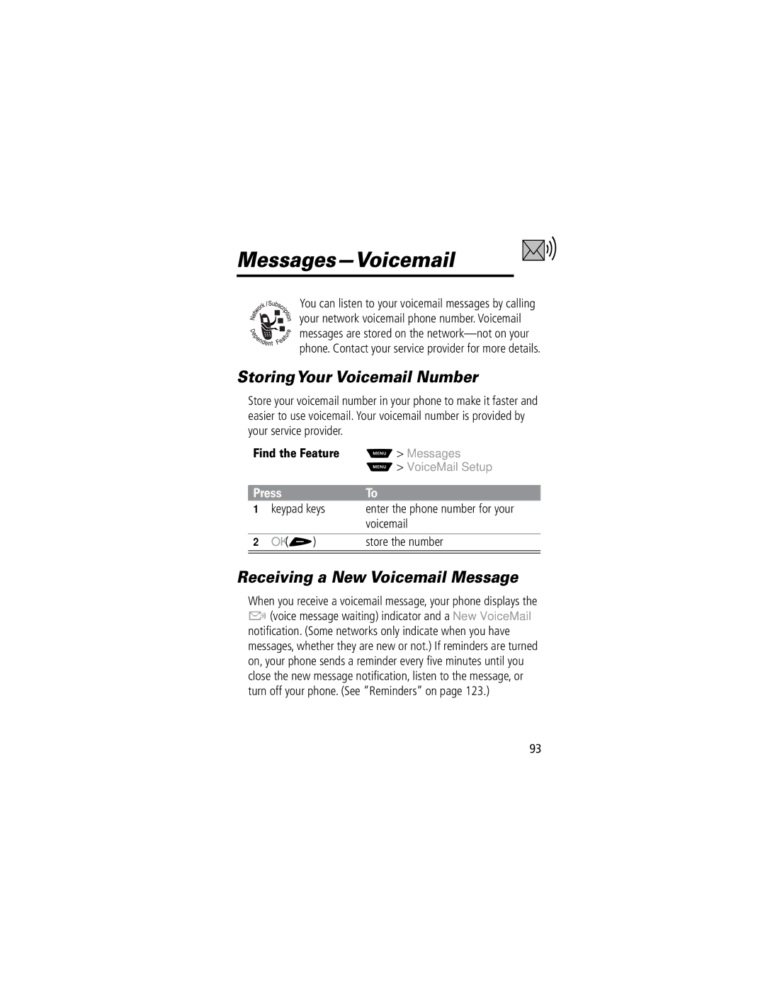 Motorola 60C manual Messages-Voicemail, StoringYour Voicemail Number, Receiving a New Voicemail Message, VoiceMail Setup 