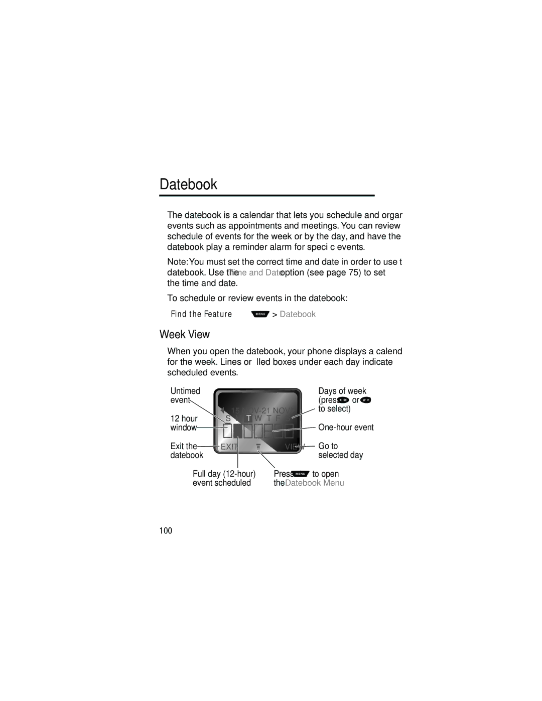 Motorola 60g manual Week View, Datebook Menu 