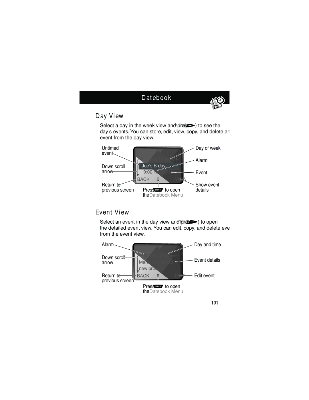 Motorola 60g manual Datebook, Day View, Event View 