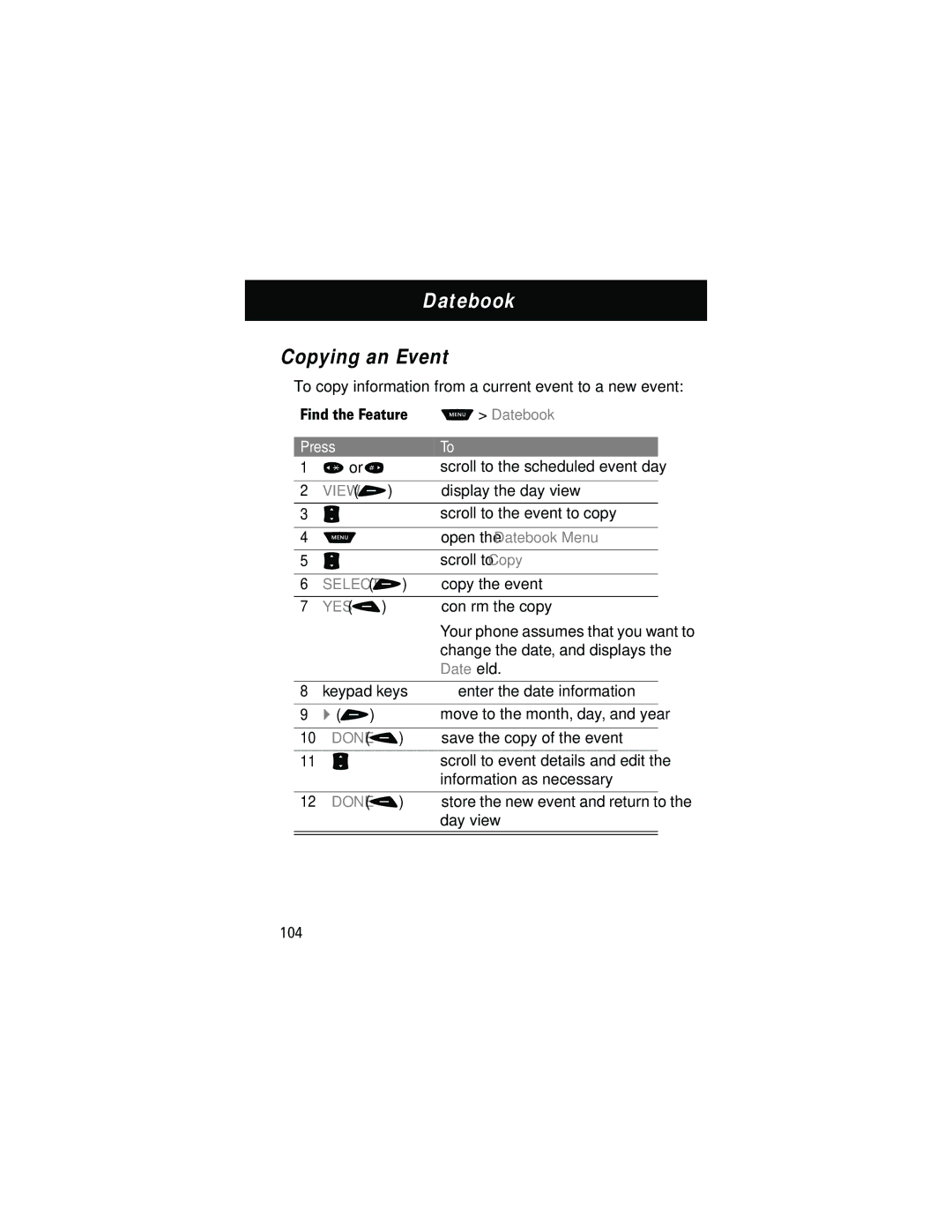 Motorola 60g manual Copying an Event, Open the Datebook Menu, Date ﬁeld 