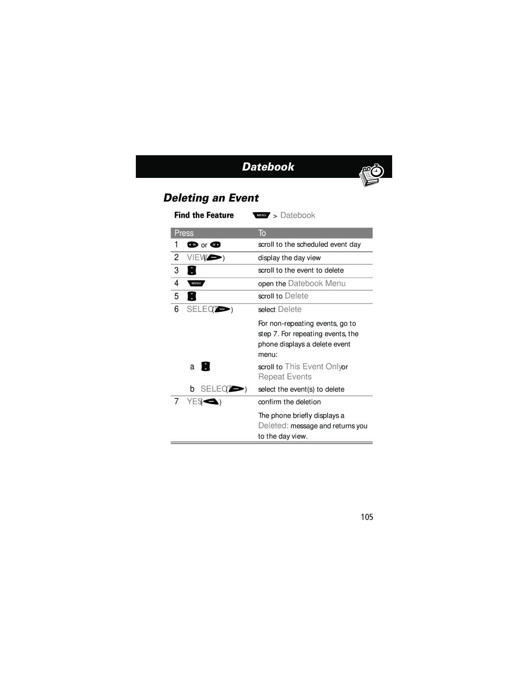 Motorola 60g manual Deleting an Event, Scroll to This Event Only or, Repeat Events 