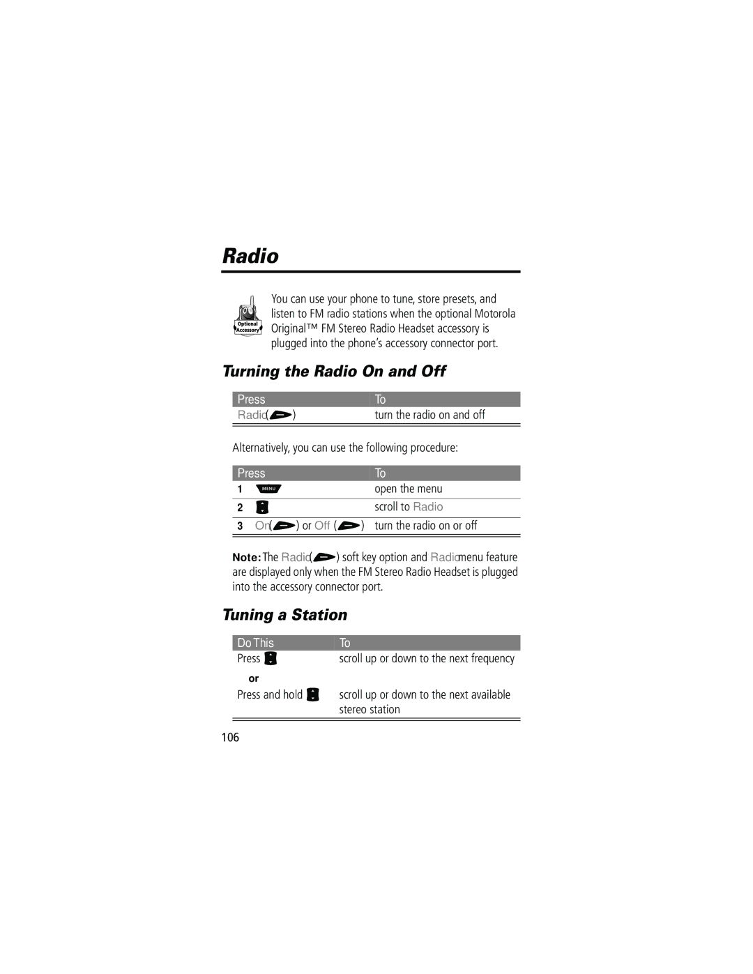 Motorola 60g manual Turning the Radio On and Off, Tuning a Station, Radio + 