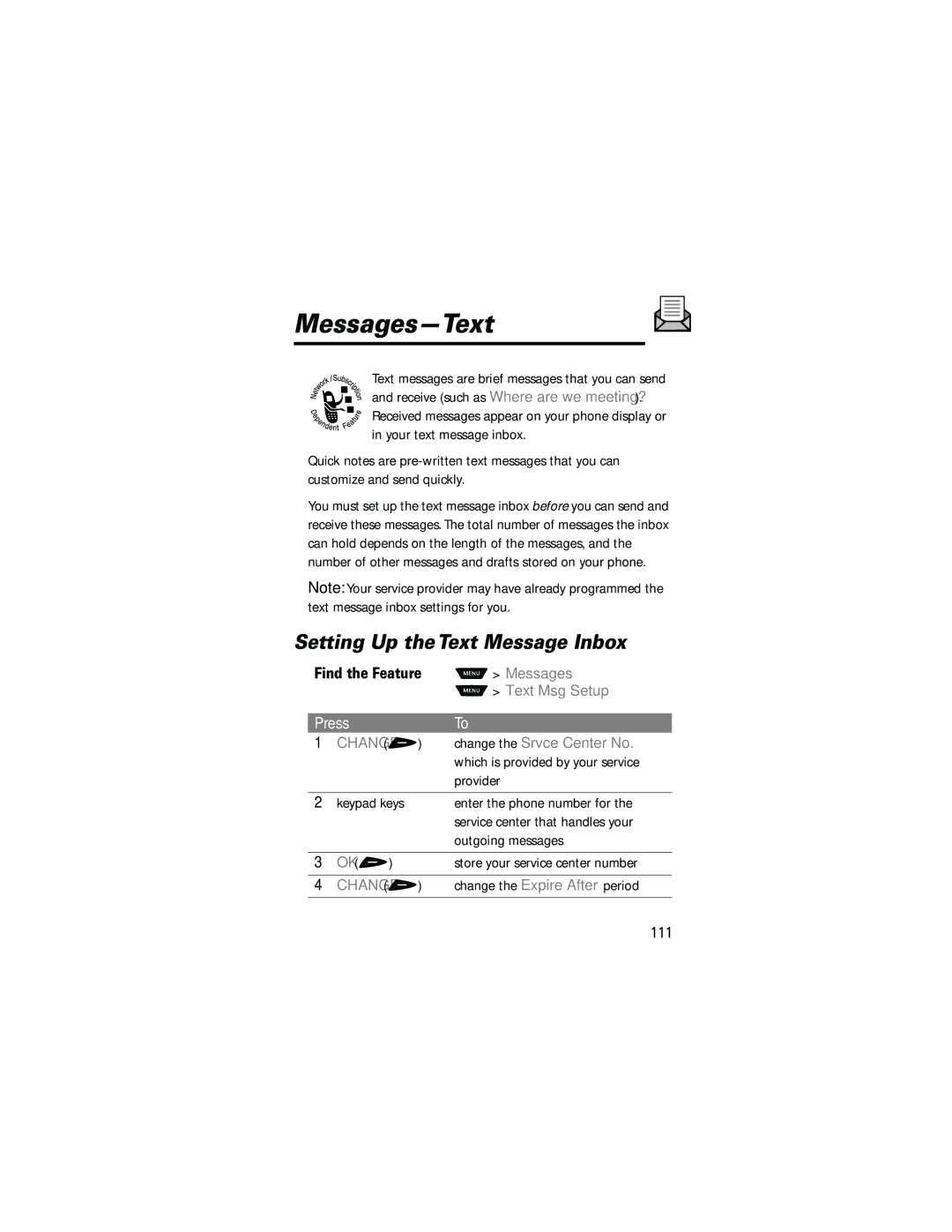 Motorola 60g manual Messages-Text, Setting Up the Text Message Inbox, Text Msg Setup, Change + Change the Srvce Center No 