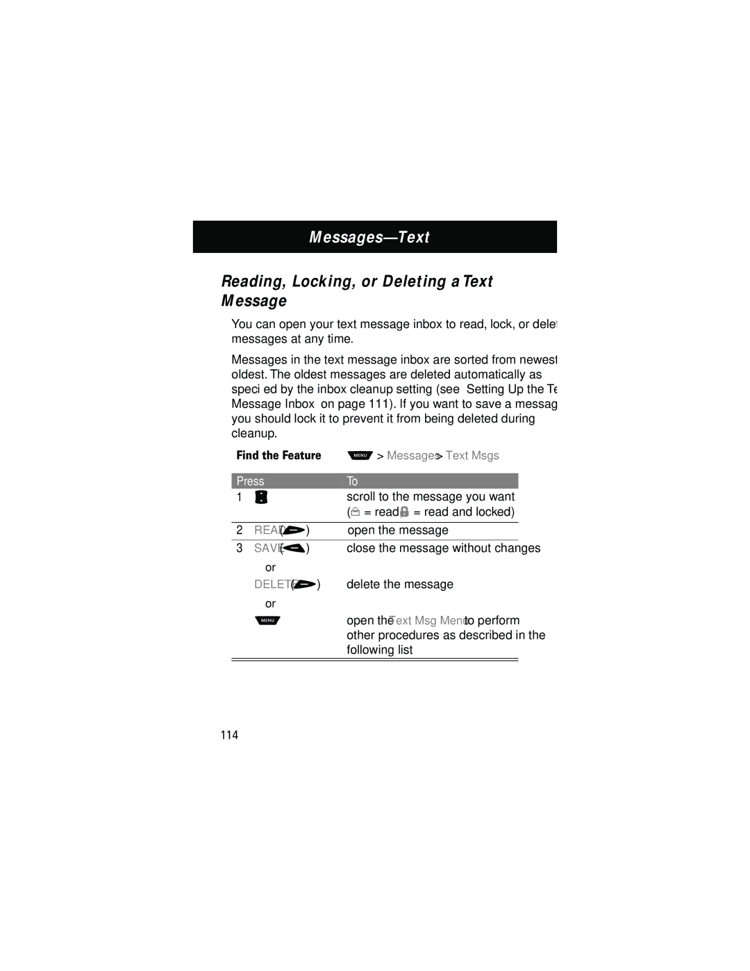 Motorola 60g manual Reading, Locking, or Deleting a Text Message, Find the Feature M Messages Text Msgs, Save, Delete + 