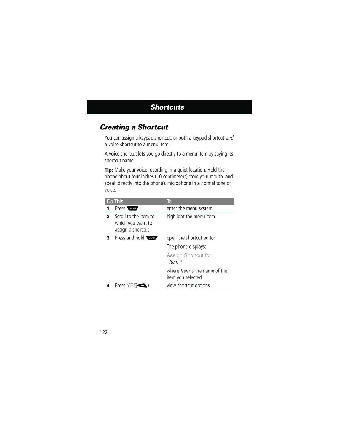 Motorola 60g Shortcuts, Creating a Shortcut, Assign Shortcut for, Item you selected, Press YES View shortcut options 122 