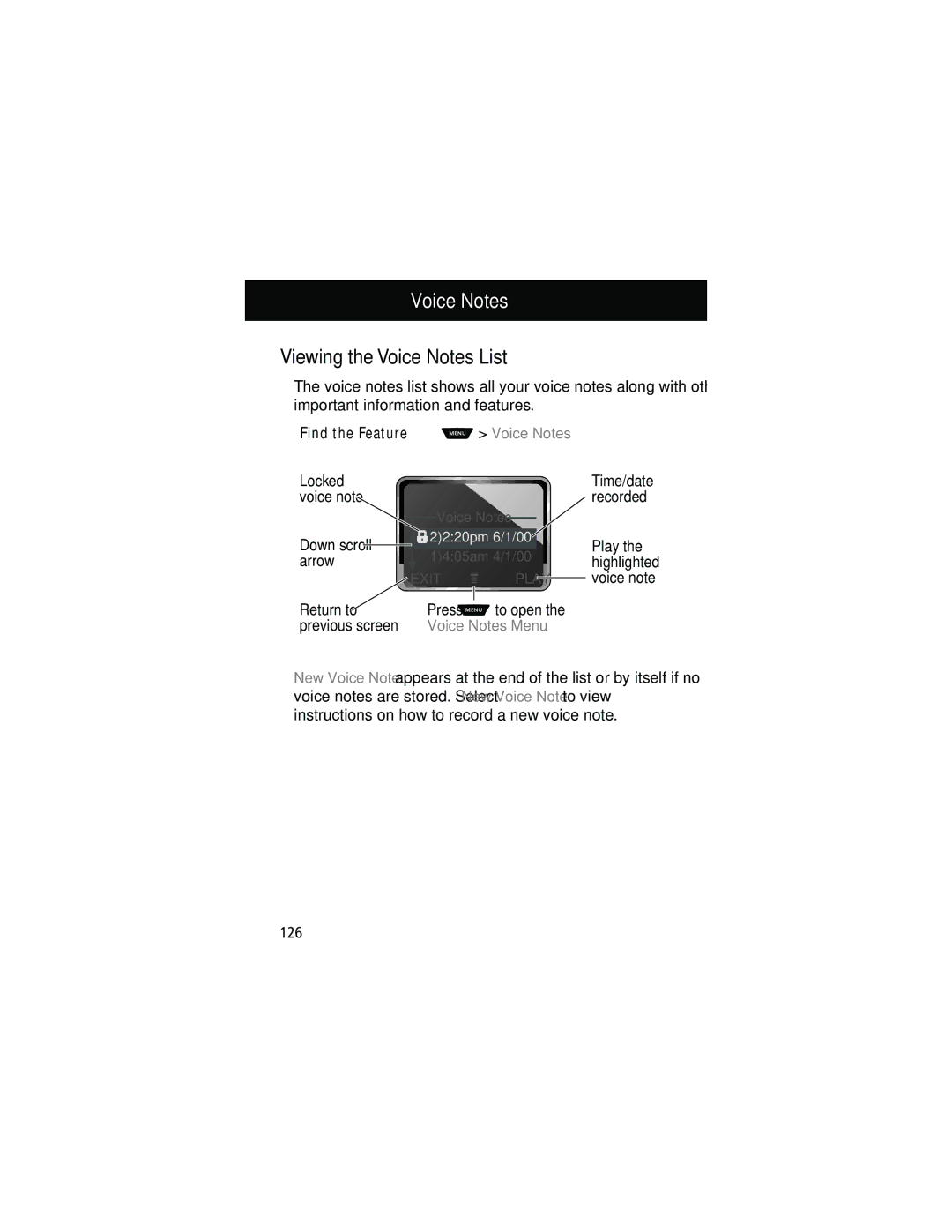 Motorola 60g manual Viewing the Voice Notes List, Voice Notes Menu 