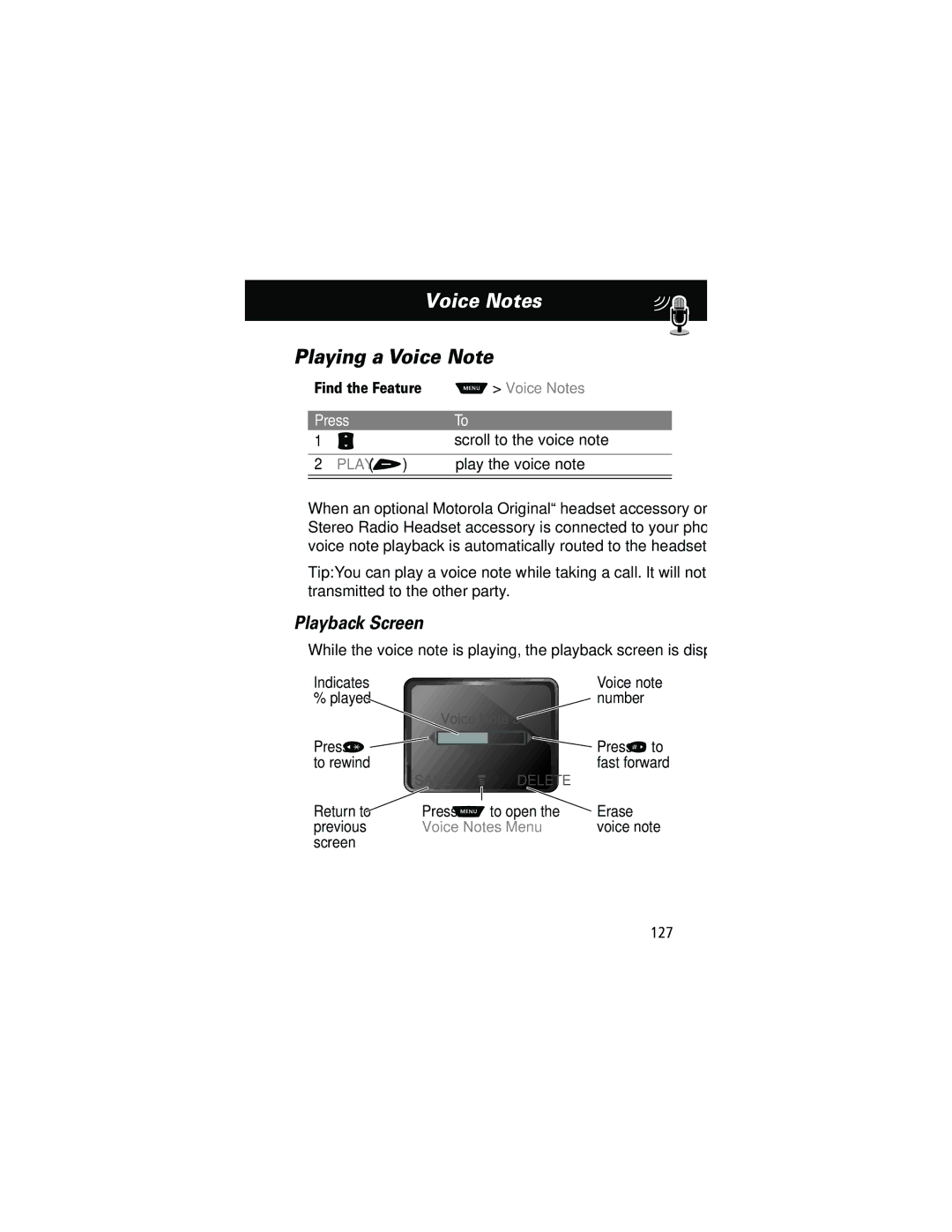 Motorola 60g manual Playing a Voice Note, Playback Screen, Play + 