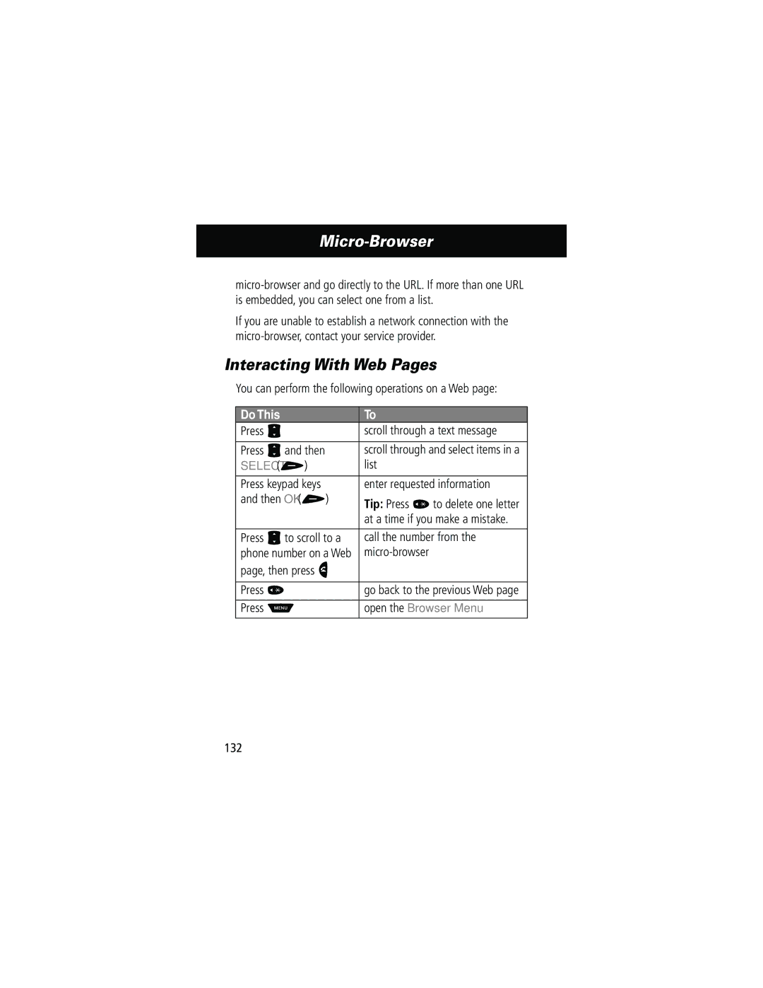 Motorola 60g manual Micro-Browser, Interacting With Web Pages, Open the Browser Menu 