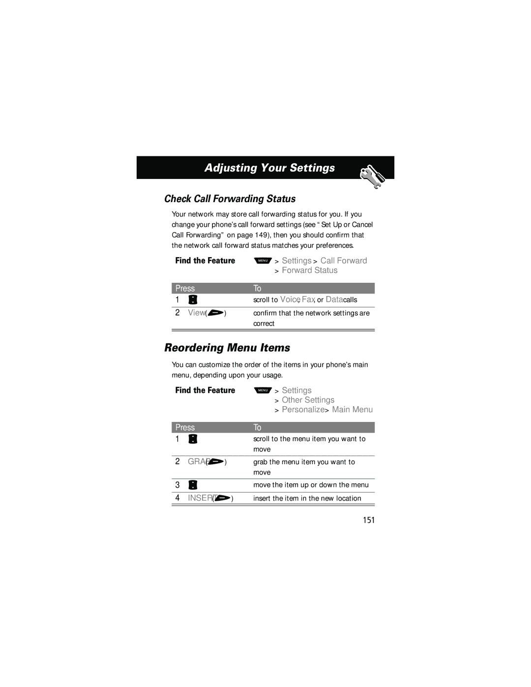 Motorola 60g Reordering Menu Items, Check Call Forwarding Status, Find the Feature M Settings Call Forward Forward Status 