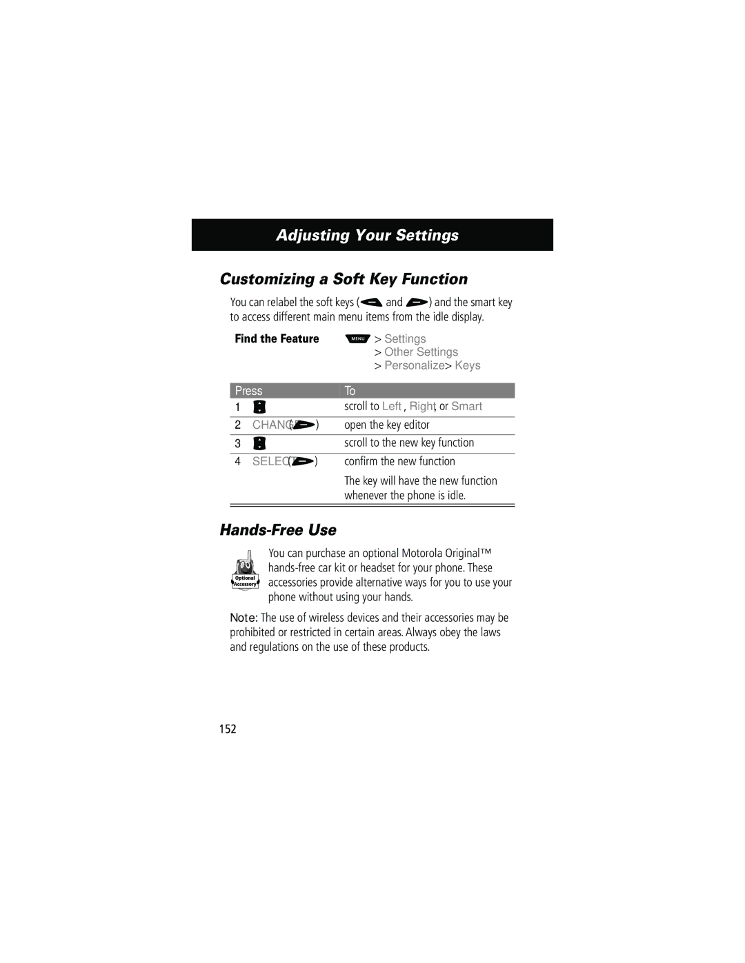 Motorola 60g manual Customizing a Soft Key Function, Hands-Free Use, Personalize Keys 