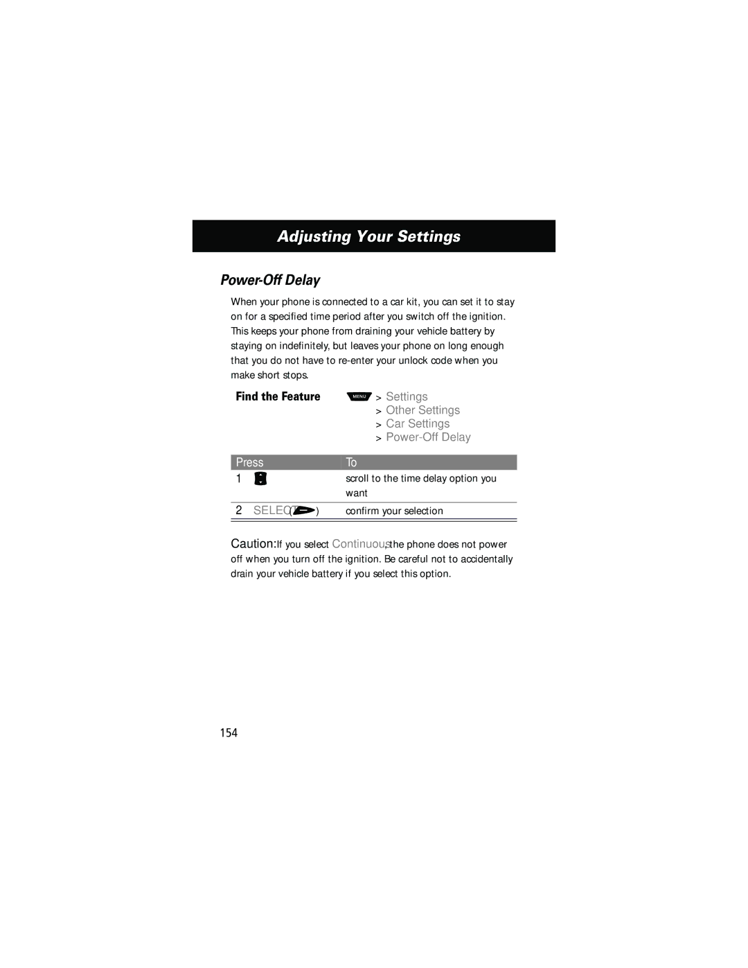 Motorola 60g manual Power-Off Delay, Conﬁrm your selection, 154 