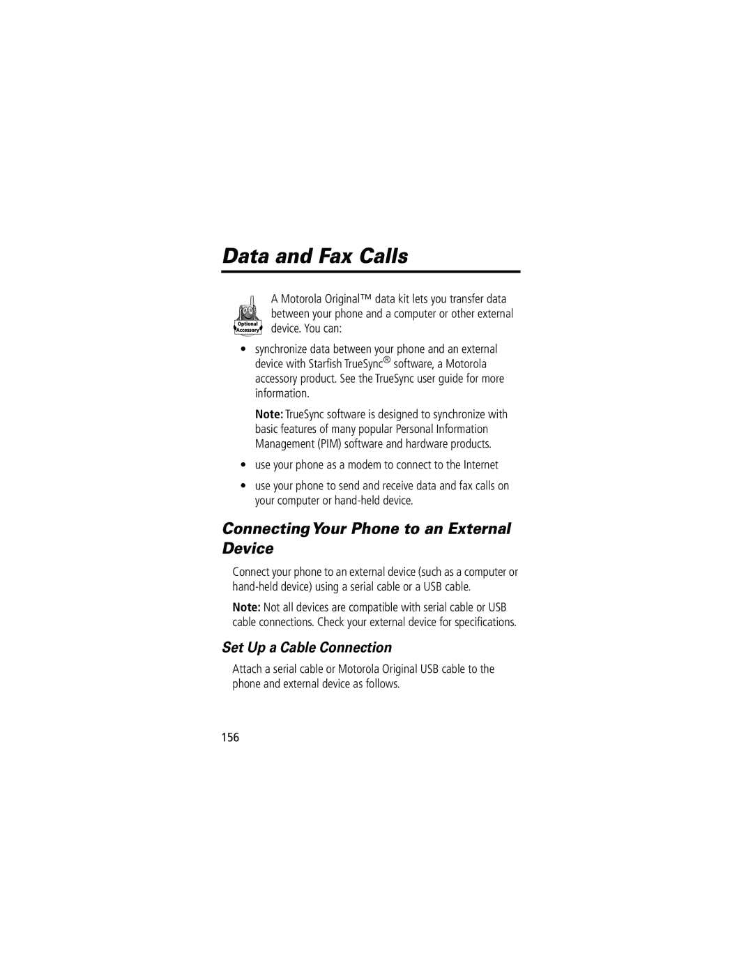 Motorola 60g manual Data and Fax Calls, ConnectingYour Phone to an External Device, Set Up a Cable Connection 