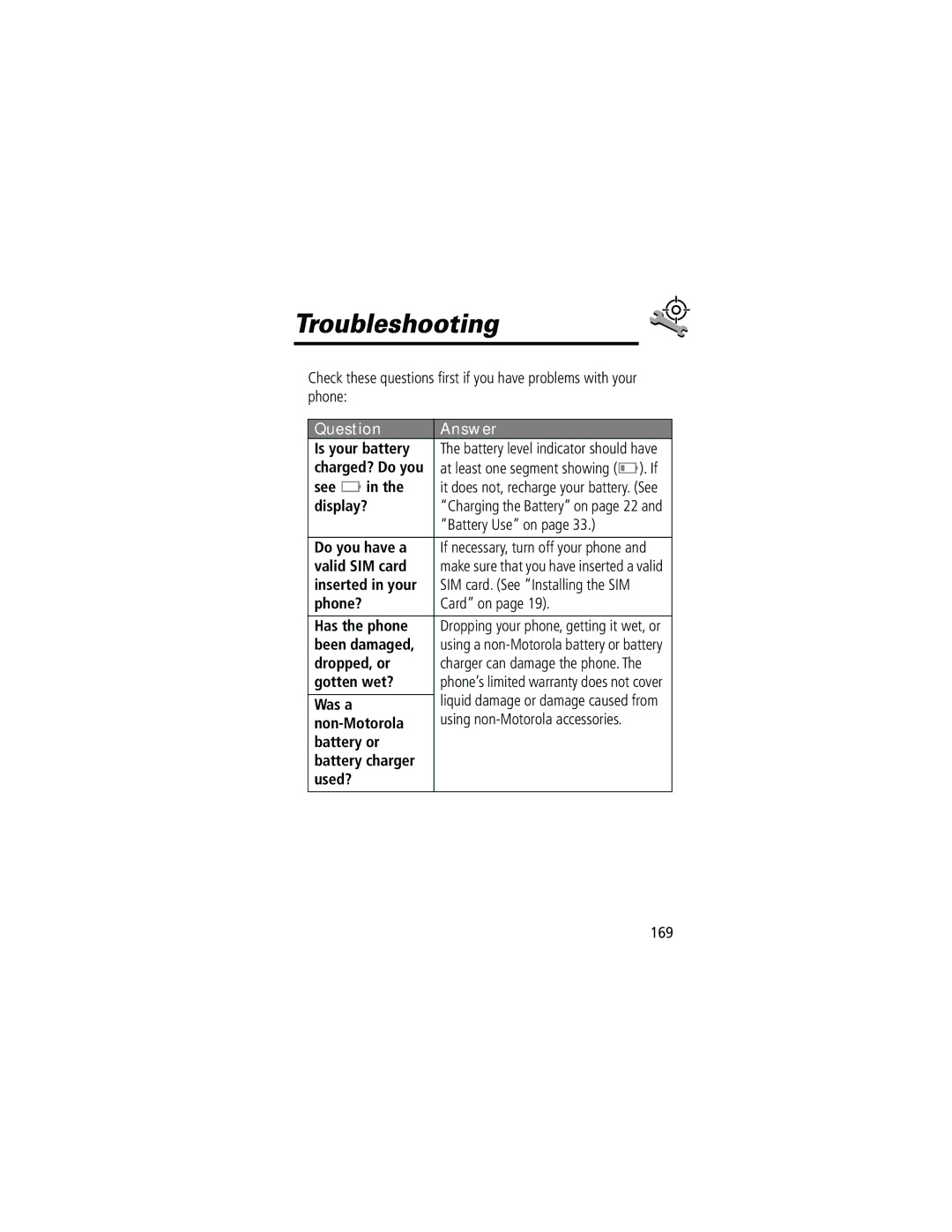 Motorola 60g manual Troubleshooting, Question Answer 