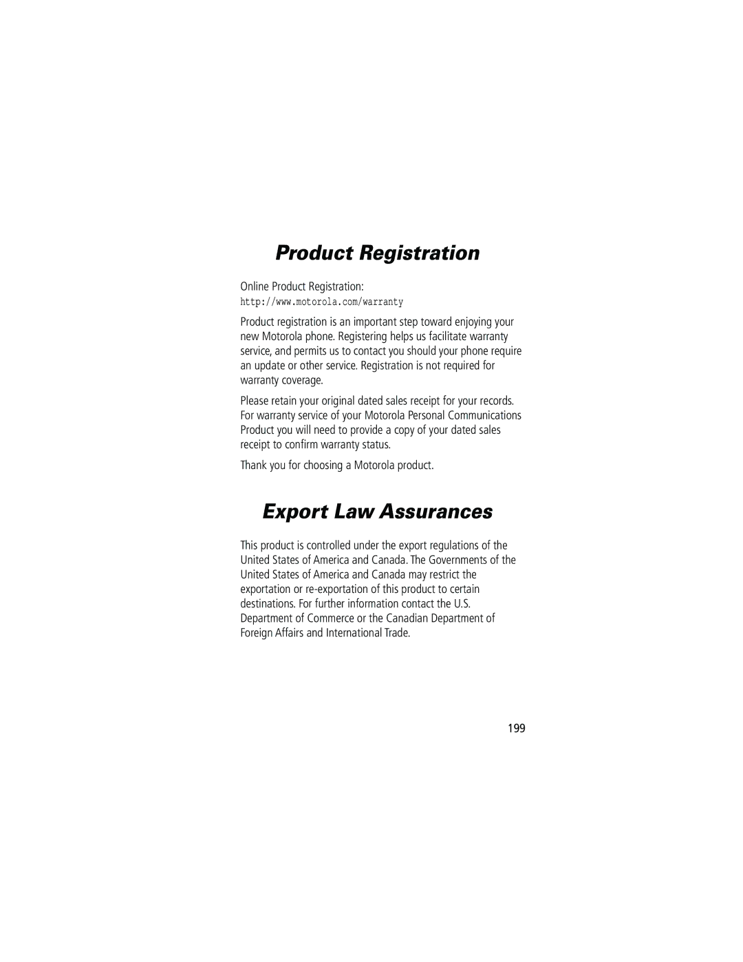 Motorola 60g manual Export Law Assurances, Online Product Registration, Thank you for choosing a Motorola product, 199 