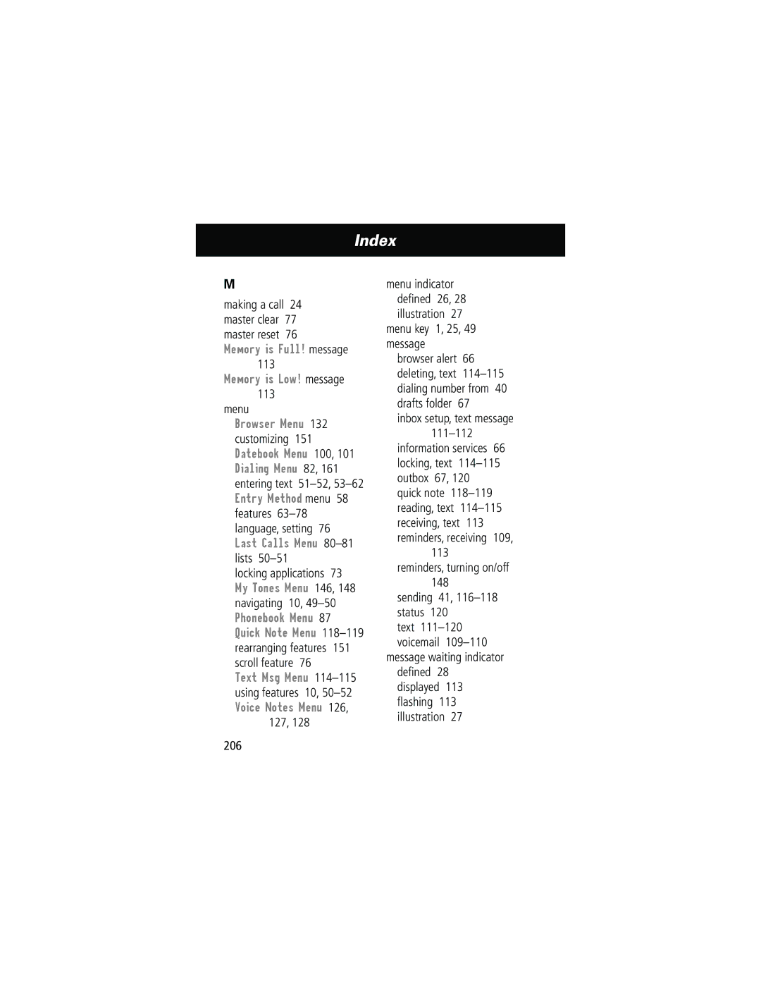 Motorola 60g manual Memory is Full! message Memory is Low! message, Menu key 1, 25, 49 message 