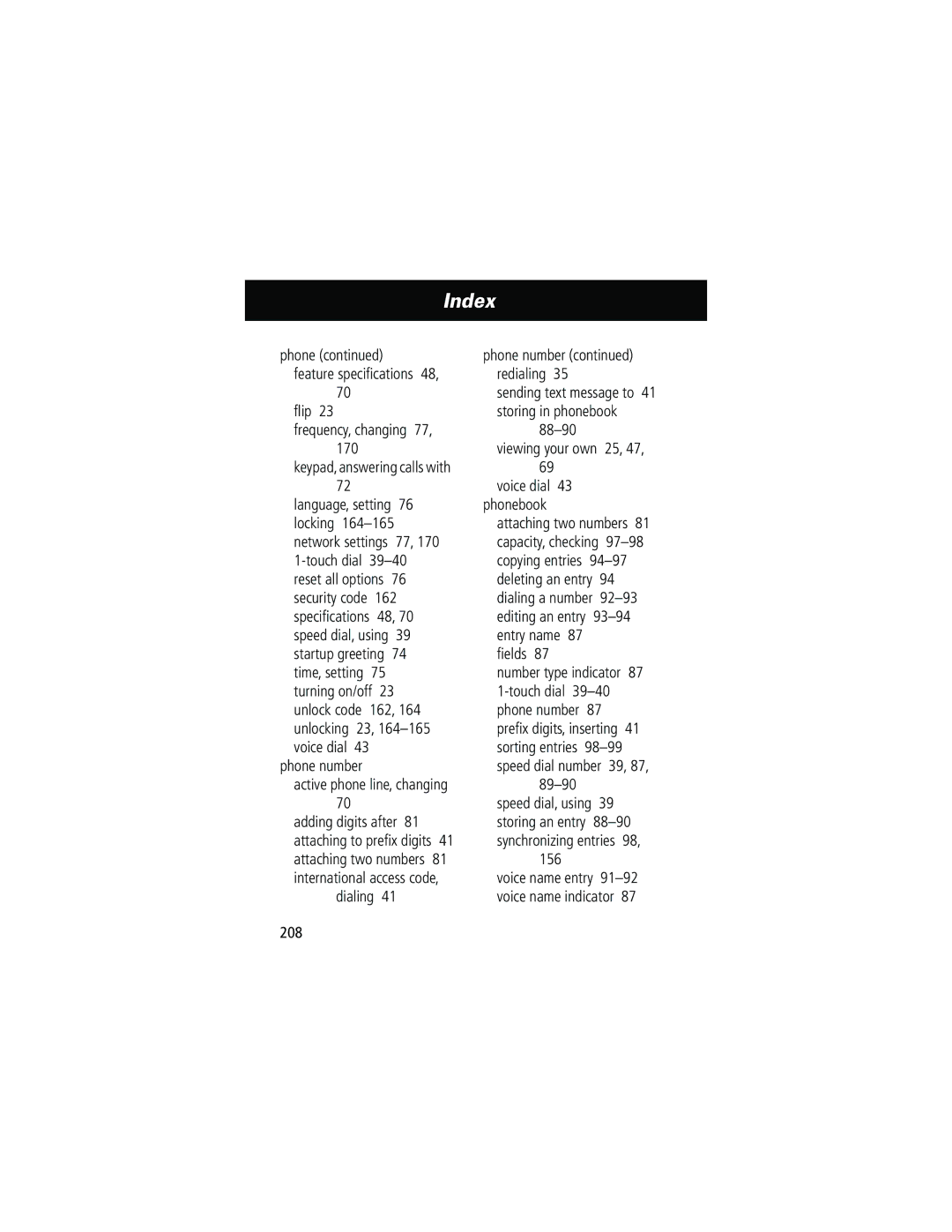 Motorola 60g ﬂip Frequency, changing 77 Keypad, answering calls with, Phone number Active phone line, changing, 89-90, 208 