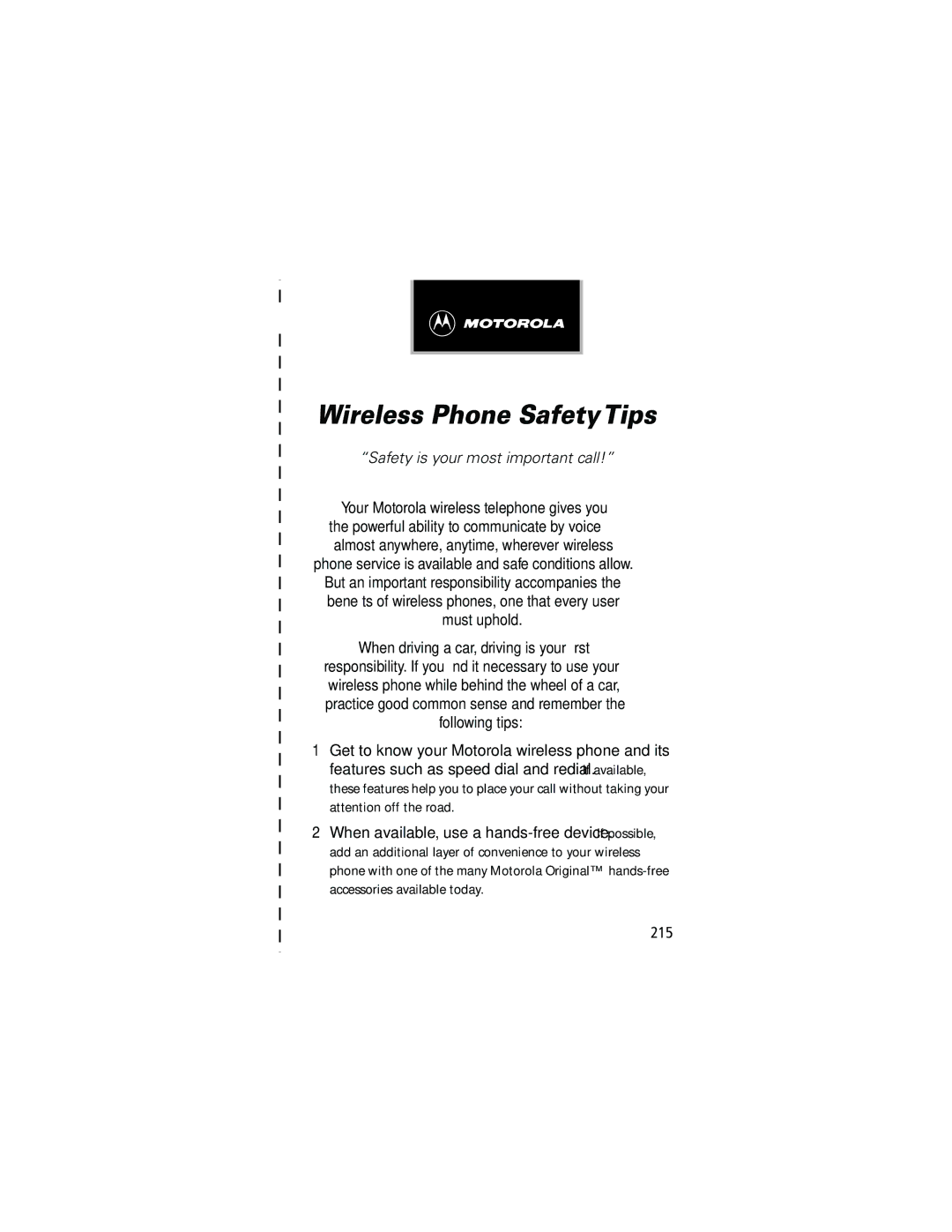 Motorola 60g manual Wireless Phone Safety Tips, 215 