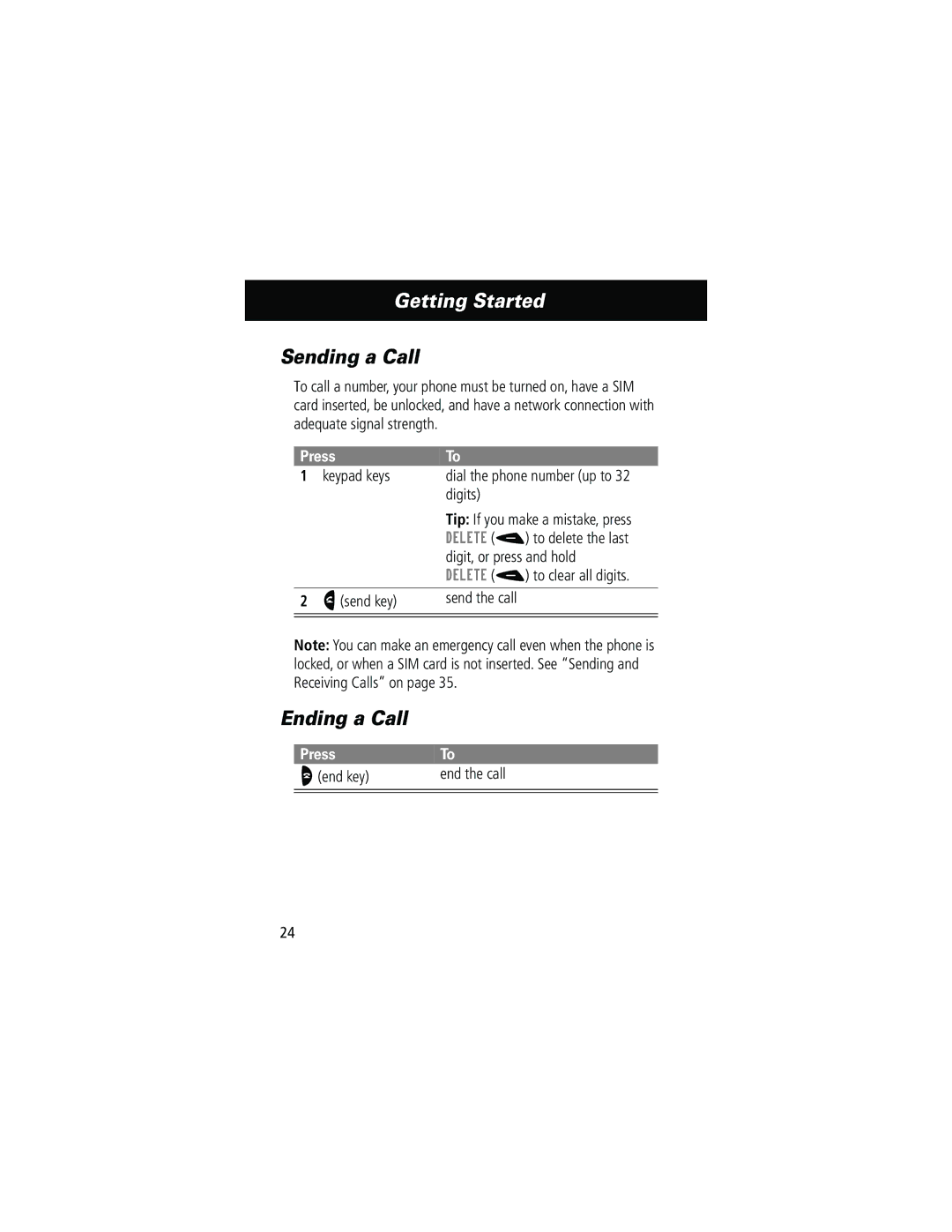 Motorola 60g manual Sending a Call, Ending a Call, Press Oend key End the call 