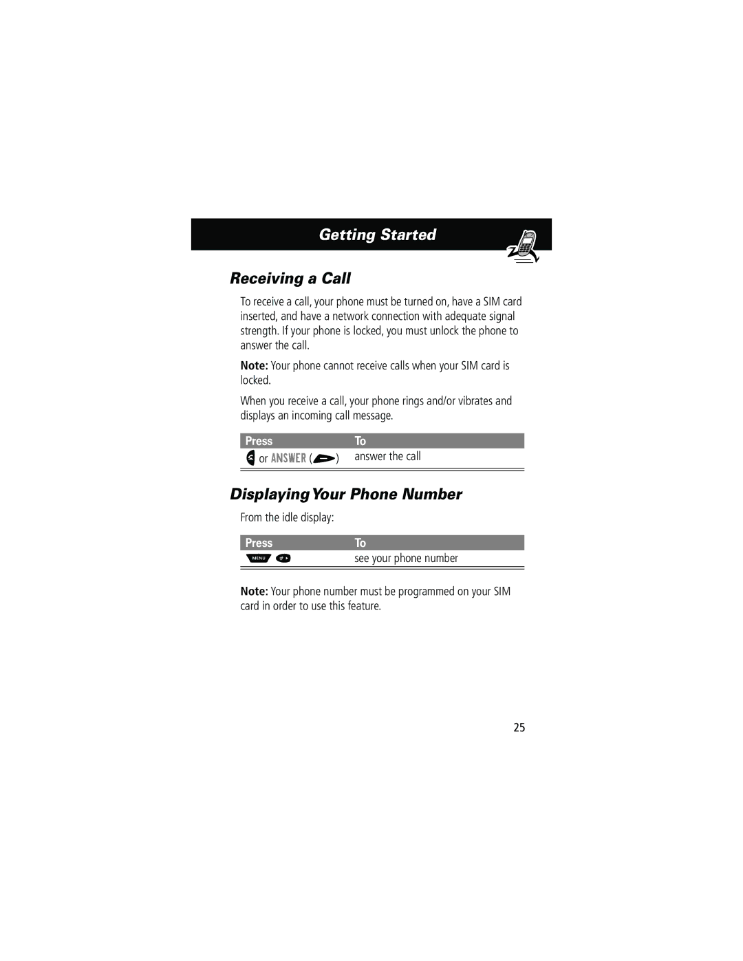 Motorola 60g manual Receiving a Call, DisplayingYour Phone Number, PressTo, Press See your phone number 