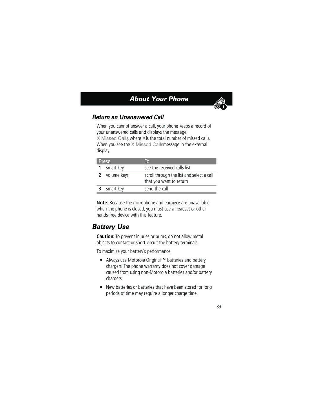 Motorola 60g manual Battery Use, Return an Unanswered Call, Smart key See the received calls list Volume keys 