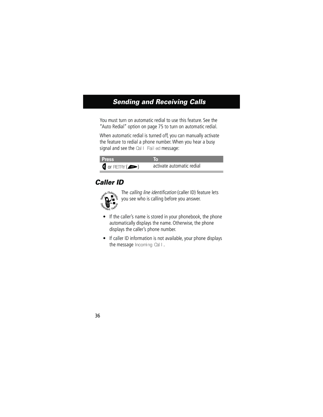 Motorola 60g manual Sending and Receiving Calls, Caller ID, Or Retry +, Activate automatic redial 