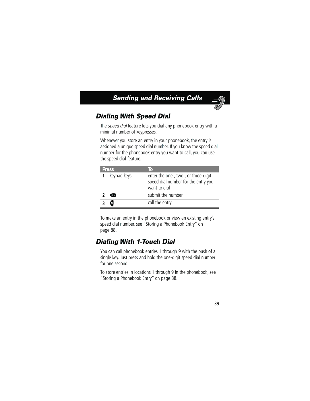 Motorola 60g manual Dialing With Speed Dial, Dialing With 1-Touch Dial, Want to dial, Submit the number, Call the entry 