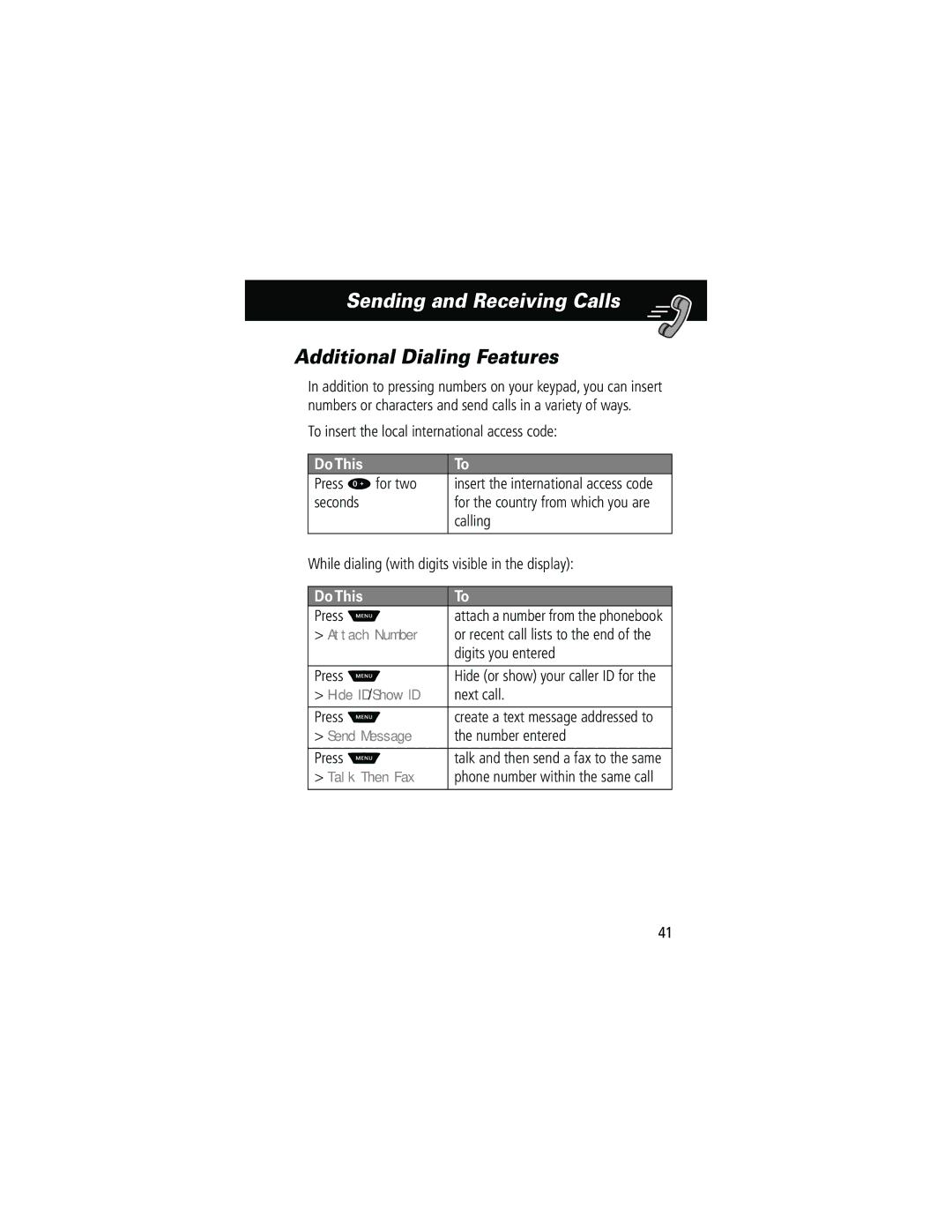 Motorola 60g manual Additional Dialing Features, Attach Number, Hide ID /Show ID, Send Message, Talk Then Fax 