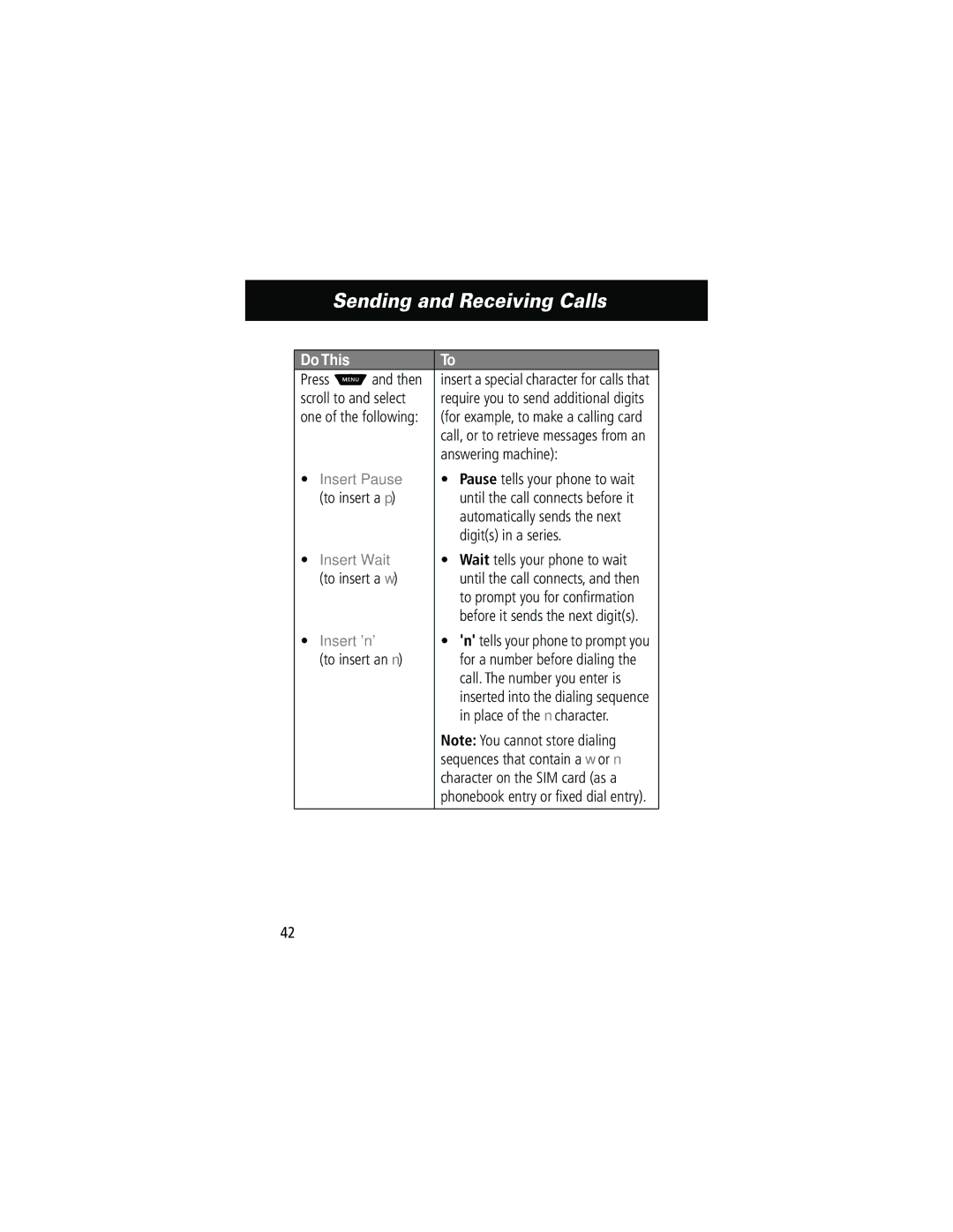 Motorola 60g manual Insert Pause, Insert Wait, Insert n 