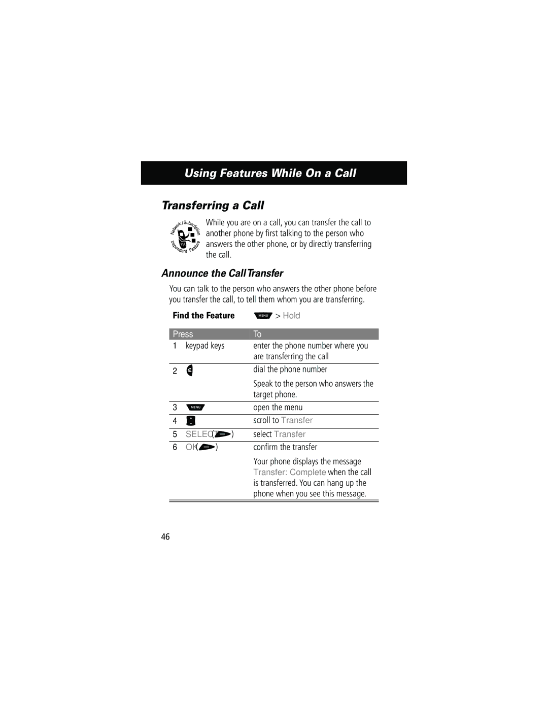 Motorola 60g manual Transferring a Call, Announce the CallTransfer, Select + Select Transfer OK + 