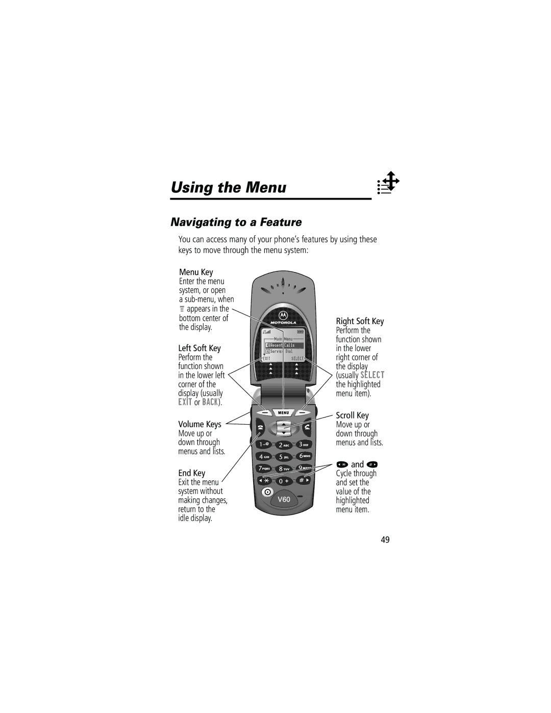 Motorola 60g manual Using the Menu, Navigating to a Feature, Menu Key, Exit or Back 