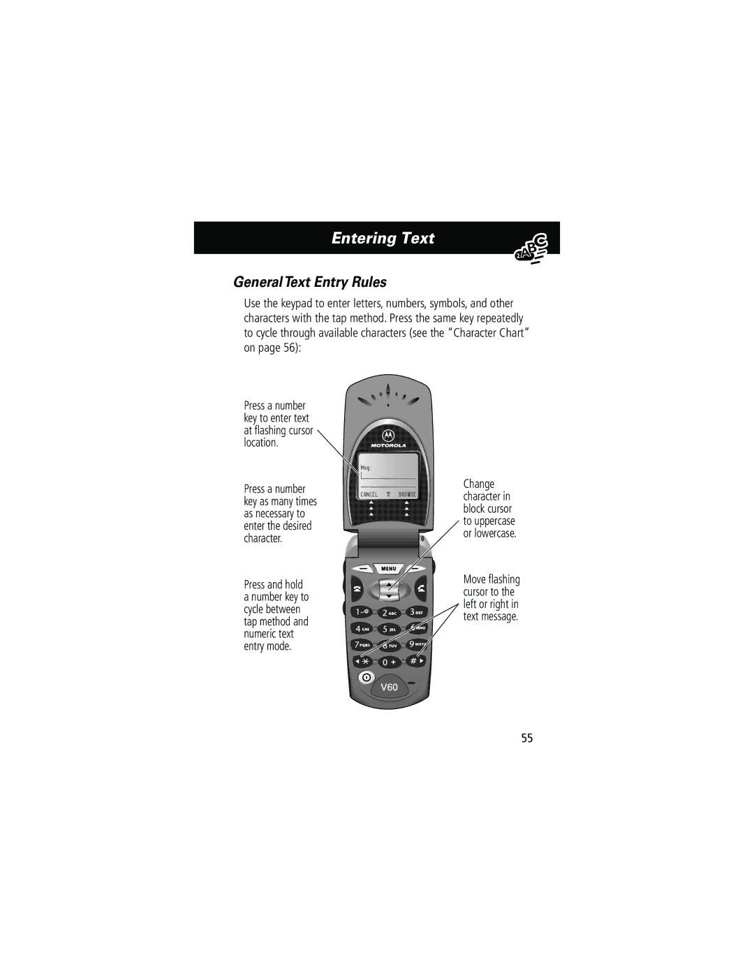 Motorola 60g manual General Text Entry Rules, Press a number key to enter text at ﬂashing cursor location 