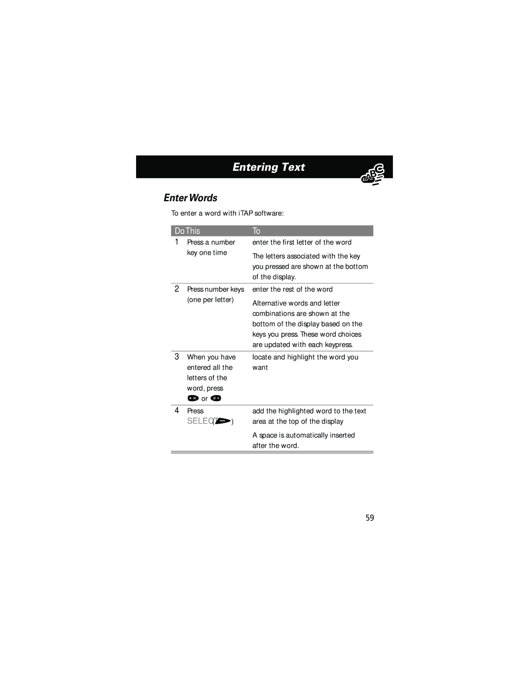 Motorola 60g manual Enter Words 