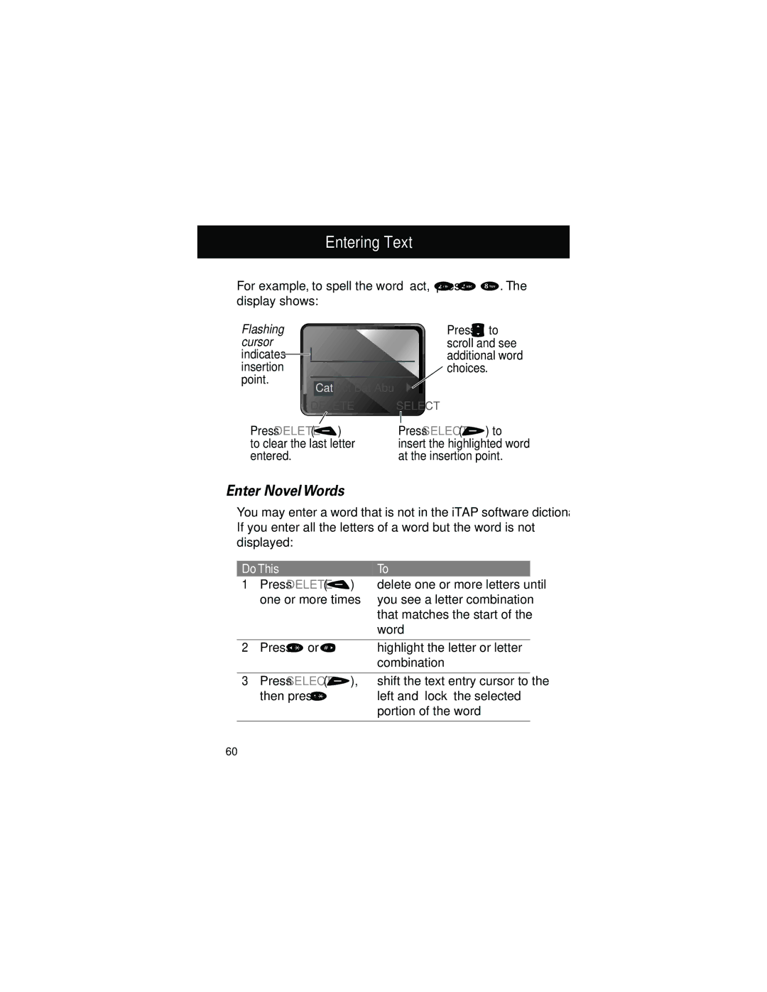 Motorola 60g Enter Novel Words, Press Delete, One or more times, Then press Left and lock the selected Portion of the word 