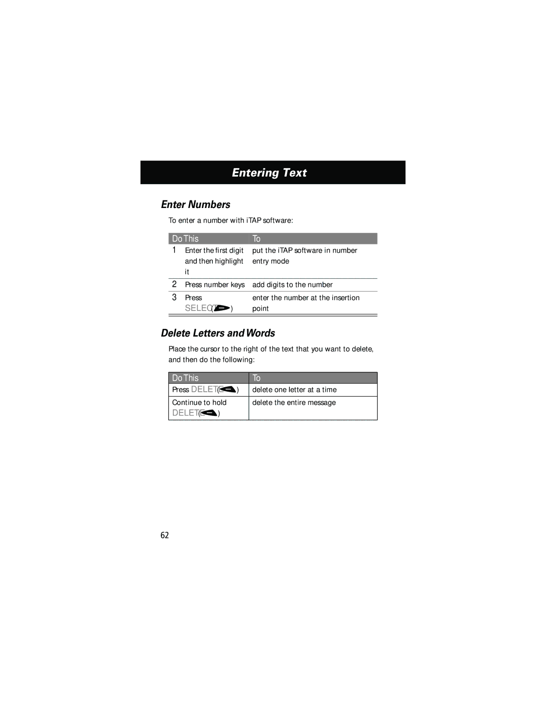 Motorola 60g manual Enter Numbers, Delete Letters and Words 