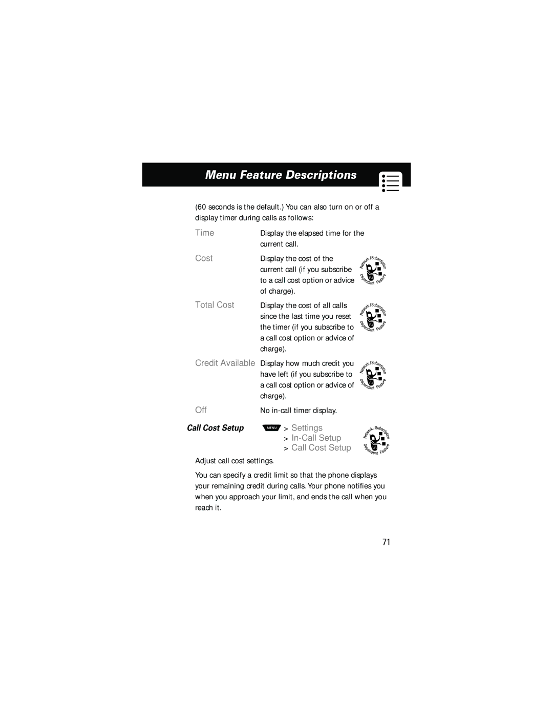 Motorola 60g manual Time, Off, Settings In-Call Setup Call Cost Setup 