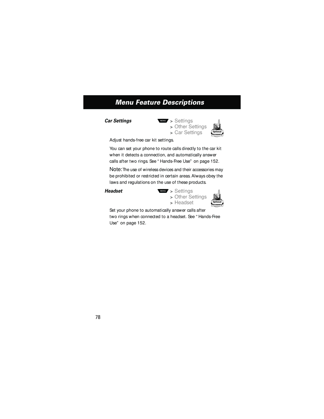 Motorola 60g Settings Other Settings Car Settings, Adjust hands-free car kit settings, Settings Other Settings Headset 