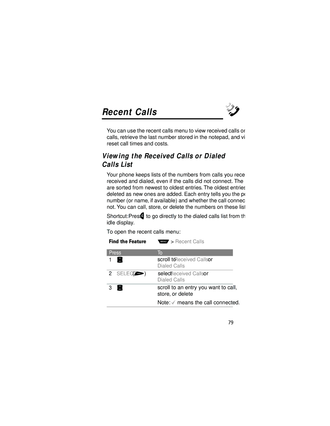 Motorola 60g Recent Calls, Viewing the Received Calls or Dialed Calls List, Scroll to Received Calls or, Store, or delete 