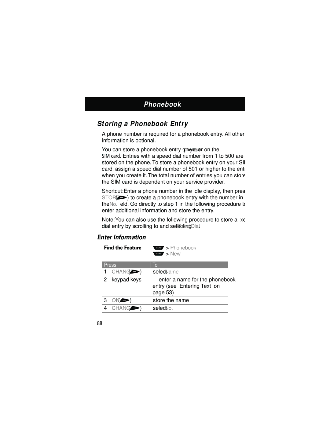 Motorola 60g manual Storing a Phonebook Entry, Enter Information 