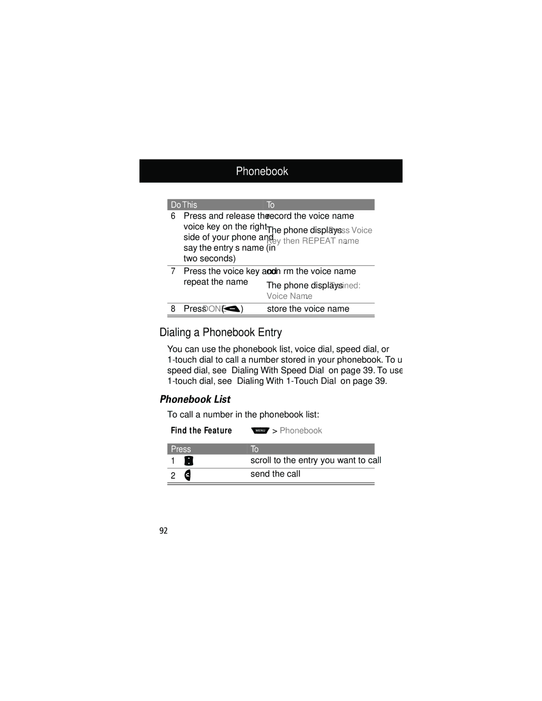 Motorola 60g manual Dialing a Phonebook Entry, Phonebook List, Voice Name, Send the call 