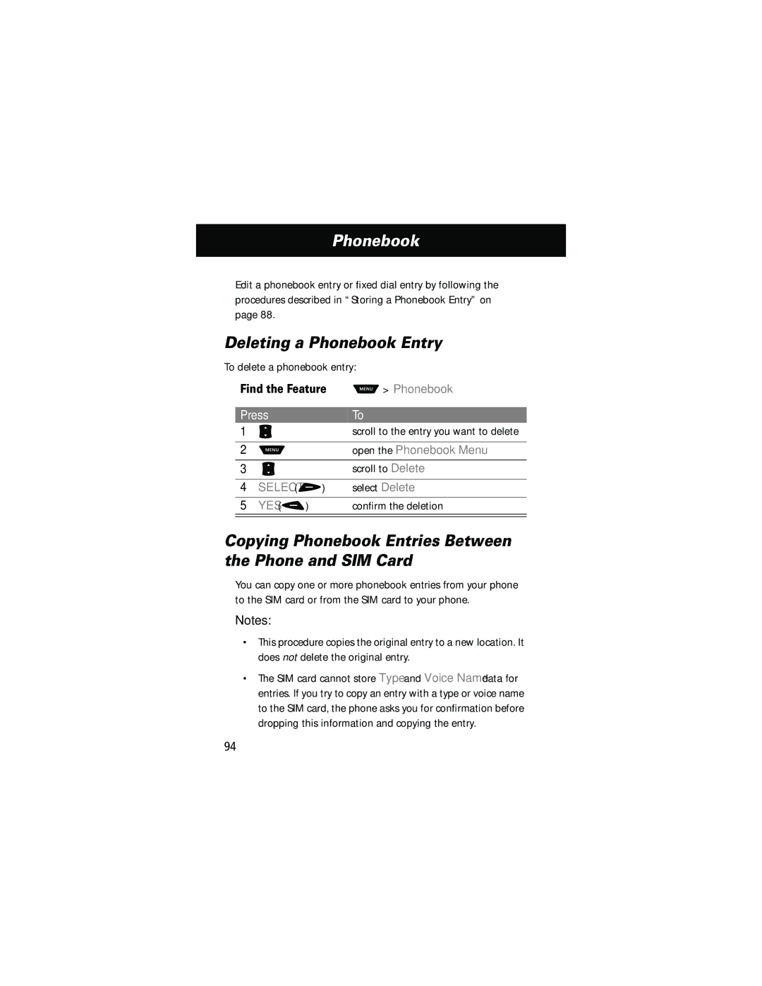 Motorola 60g Deleting a Phonebook Entry, Copying Phonebook Entries Between the Phone and SIM Card, Open the Phonebook Menu 