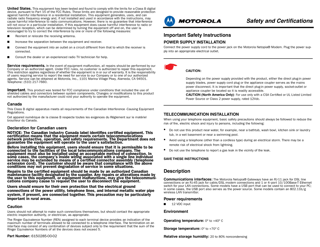 Motorola 6150285-00-02 important safety instructions Important Safety Instructions, Description 