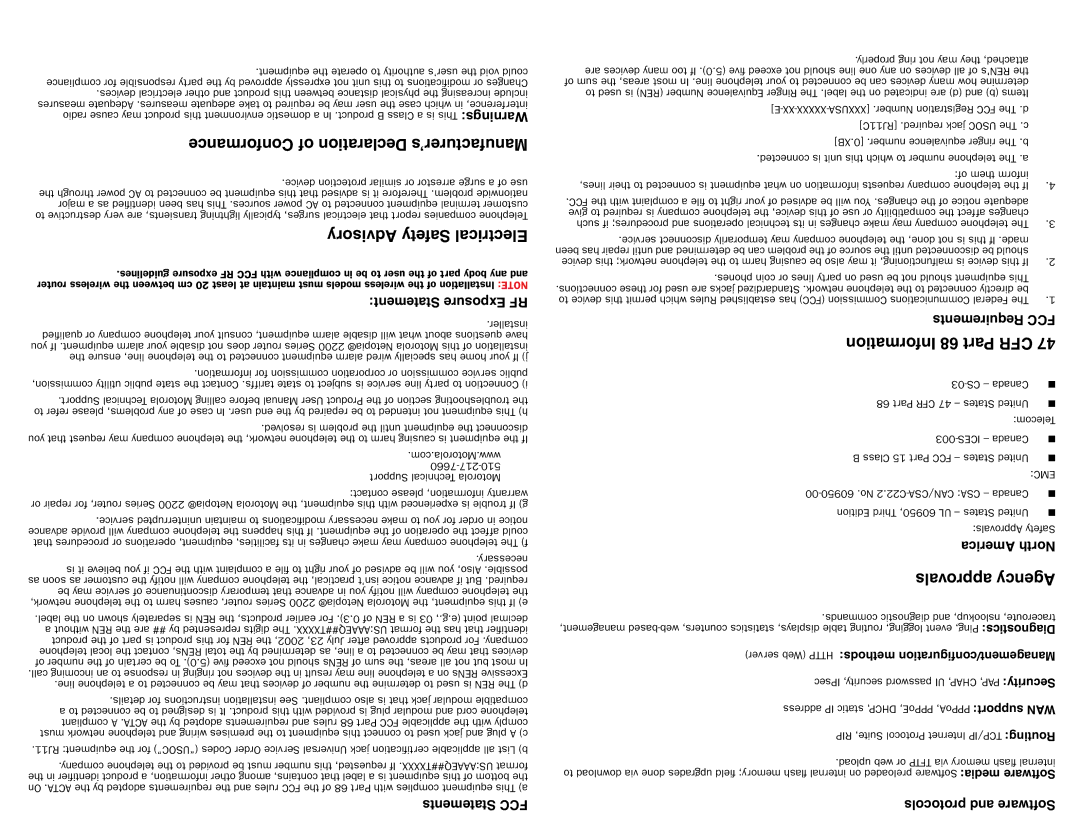 Motorola 6150285-00-02 Conformance of Declaration Manufacturer’s, Advisory Safety Electrical, Information 68 Part CFR 