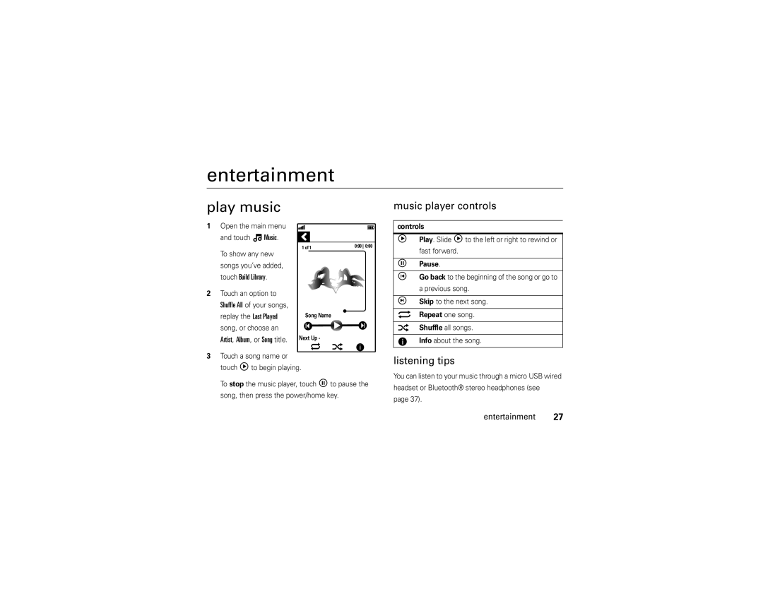 Motorola 68000201338-C manual Entertainment, Play music, Music player controls, Listening tips 