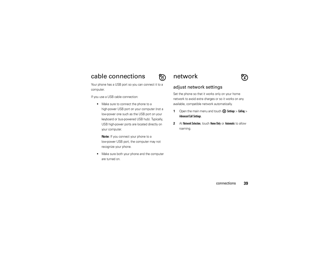 Motorola 68000201338-C manual Cable connections, Network, Adjust network settings 